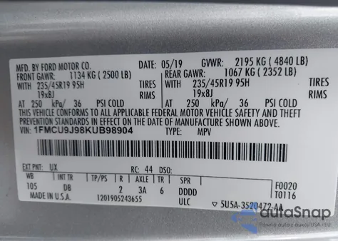 2019 Ford Escape Titanium из США, поврежденный, VIN 1FMCU9J98KUB98904